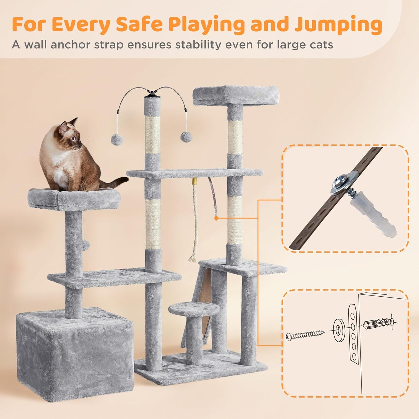 Multi-Level Rotatable Cat Tree - 53.5-Inch Indoor Tower for Kittens and Large Cats with Scratching Posts and Climbing Features, Light Gray