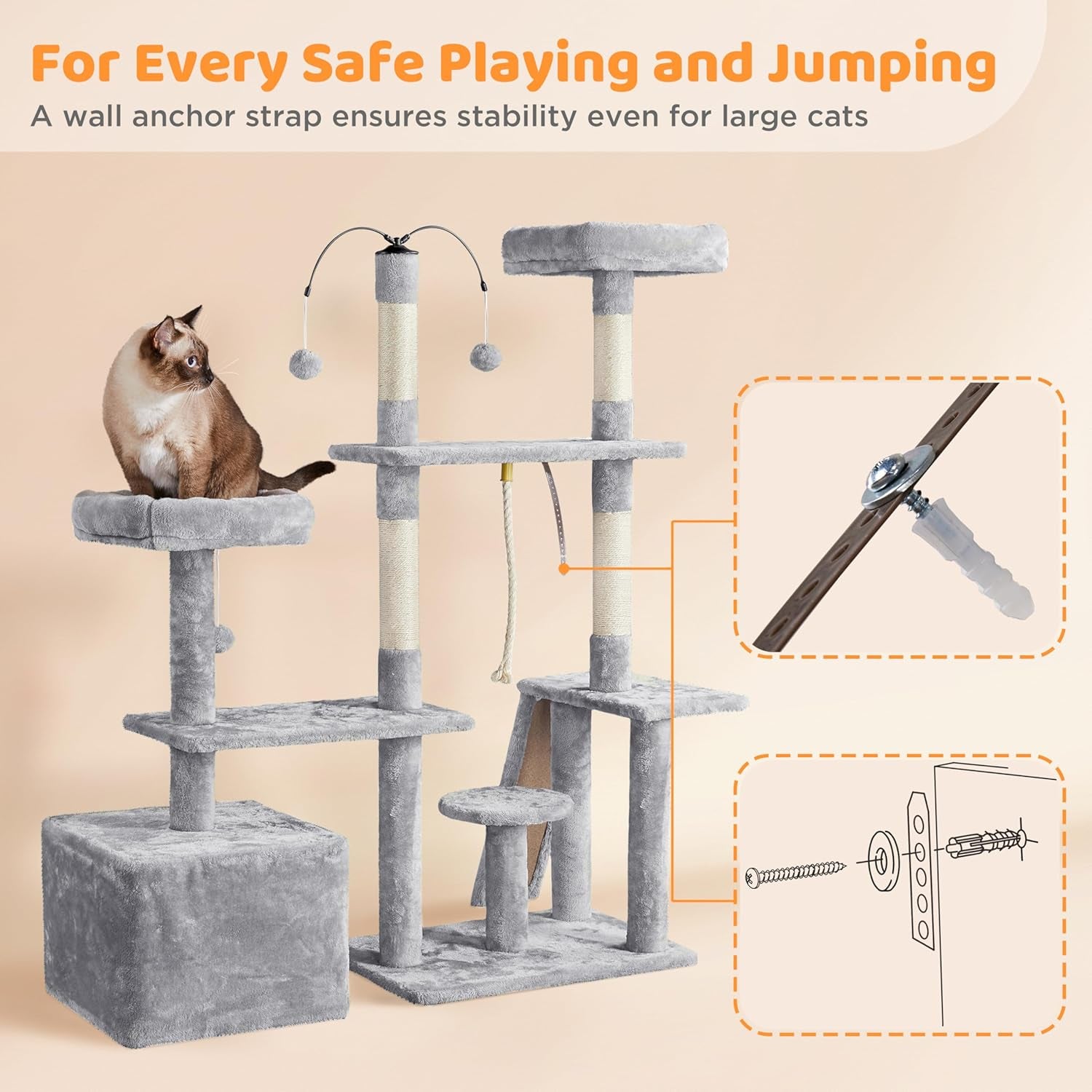 Multi-Level Rotatable Cat Tree - 53.5-Inch Indoor Tower for Kittens and Large Cats with Scratching Posts and Climbing Features, Light Gray
