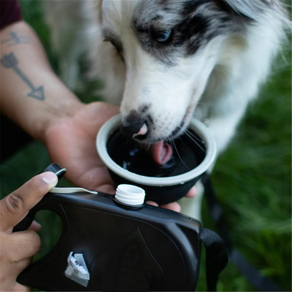 4-in-1 Retractable Nylon Dog Leash with Integrated Water Bottle and Bowl for Active Pet Walking and Running