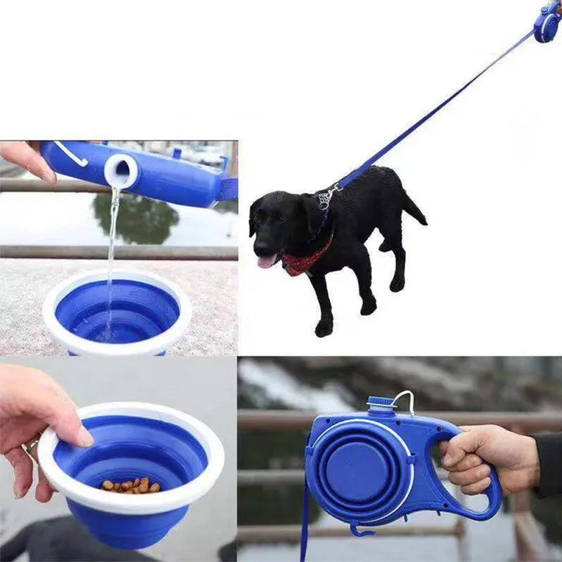 4-in-1 Retractable Nylon Dog Leash with Integrated Water Bottle and Bowl for Active Pet Walking and Running