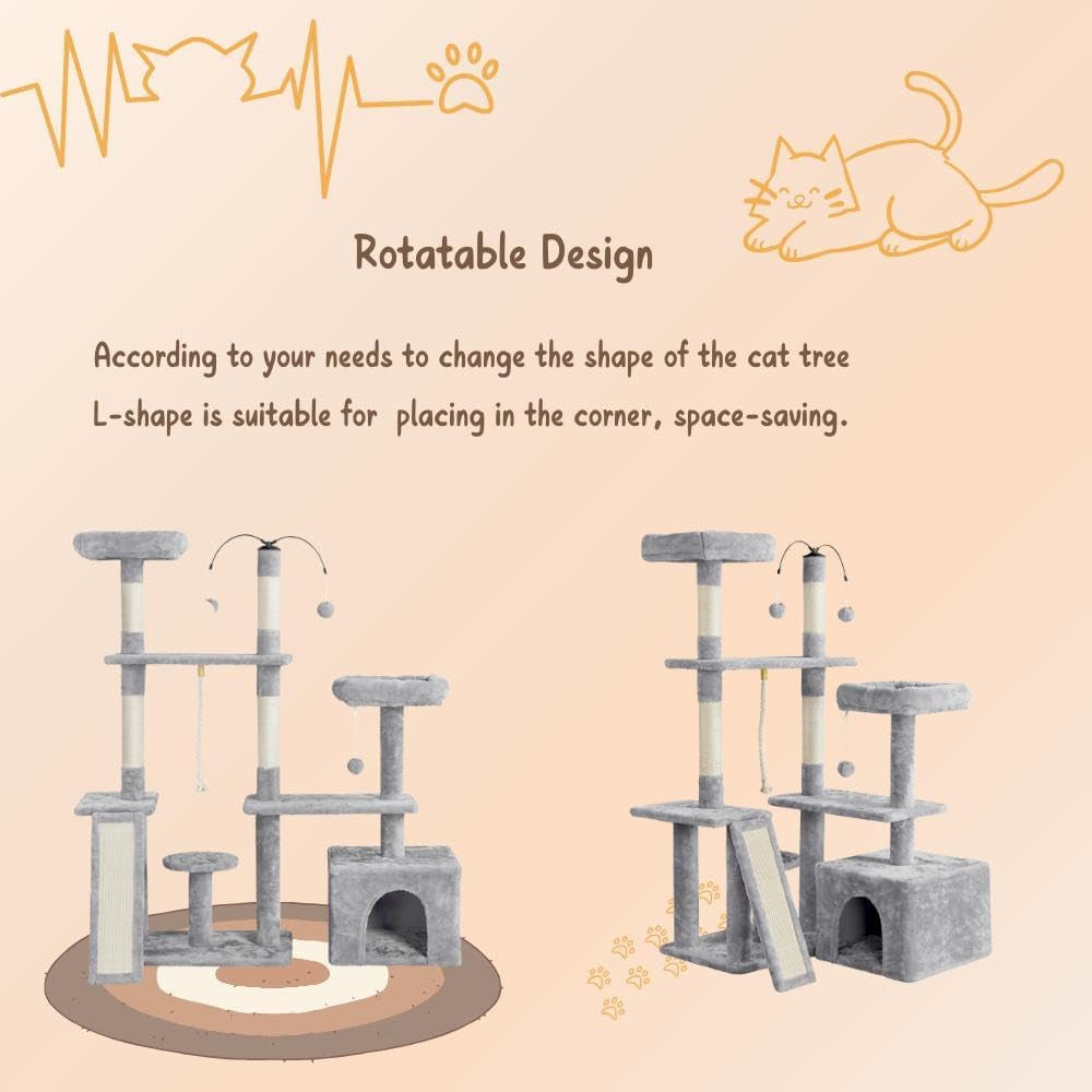 Multi-Level Rotatable Cat Tree - 53.5-Inch Indoor Tower for Kittens and Large Cats with Scratching Posts and Climbing Features, Light Gray