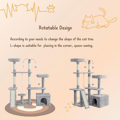 Multi-Level Rotatable Cat Tree - 53.5-Inch Indoor Tower for Kittens and Large Cats with Scratching Posts and Climbing Features, Light Gray