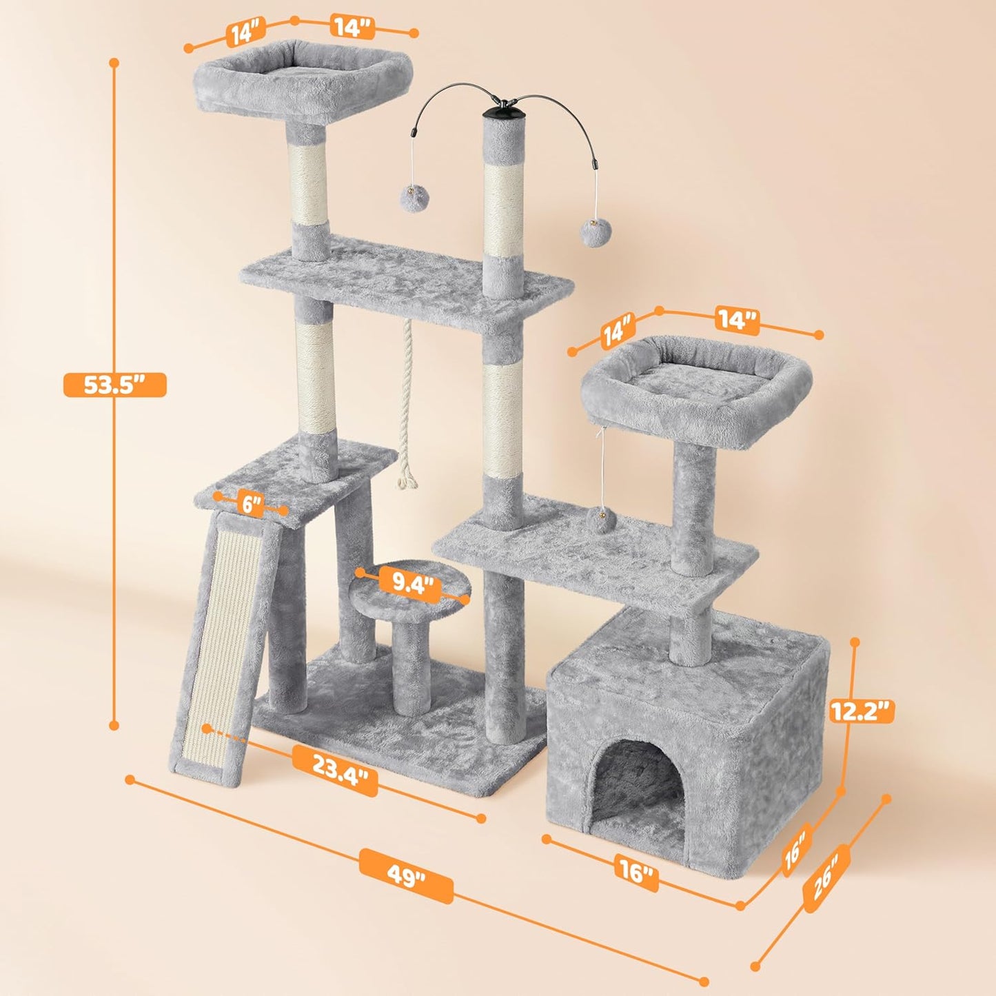 Multi-Level Rotatable Cat Tree - 53.5-Inch Indoor Tower for Kittens and Large Cats with Scratching Posts and Climbing Features, Light Gray