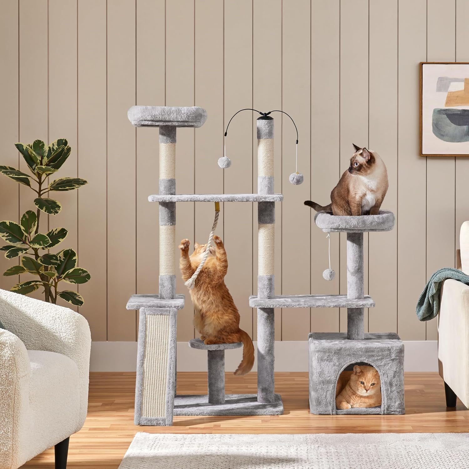 Multi-Level Rotatable Cat Tree - 53.5-Inch Indoor Tower for Kittens and Large Cats with Scratching Posts and Climbing Features, Light Gray