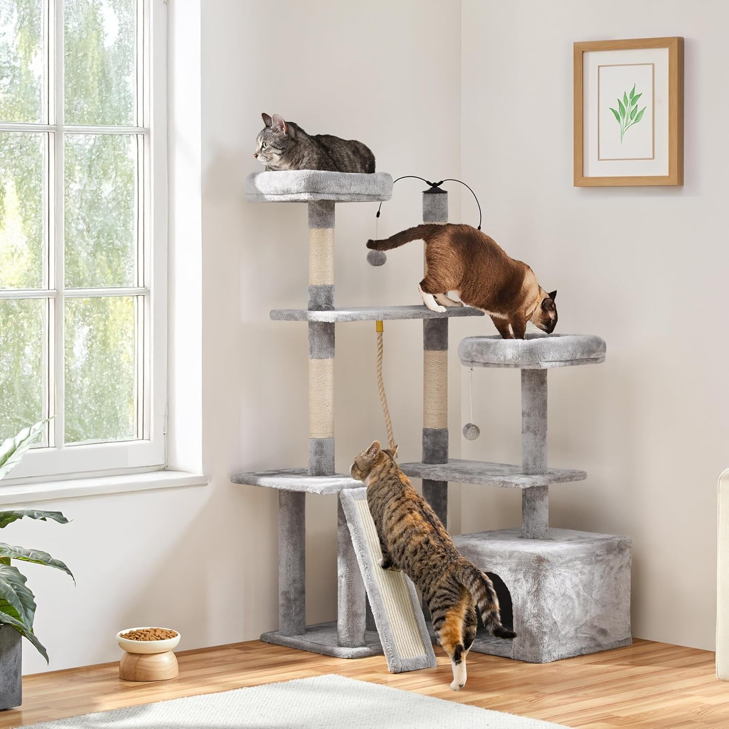 Multi-Level Rotatable Cat Tree - 53.5-Inch Indoor Tower for Kittens and Large Cats with Scratching Posts and Climbing Features, Light Gray