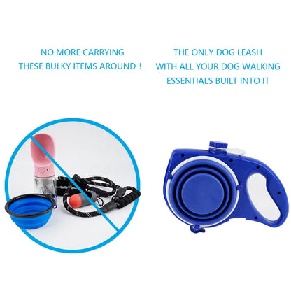 4-in-1 Retractable Nylon Dog Leash with Integrated Water Bottle and Bowl for Active Pet Walking and Running