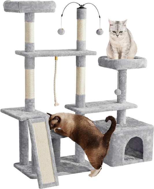 Multi-Level Rotatable Cat Tree - 53.5-Inch Indoor Tower for Kittens and Large Cats with Scratching Posts and Climbing Features, Light Gray