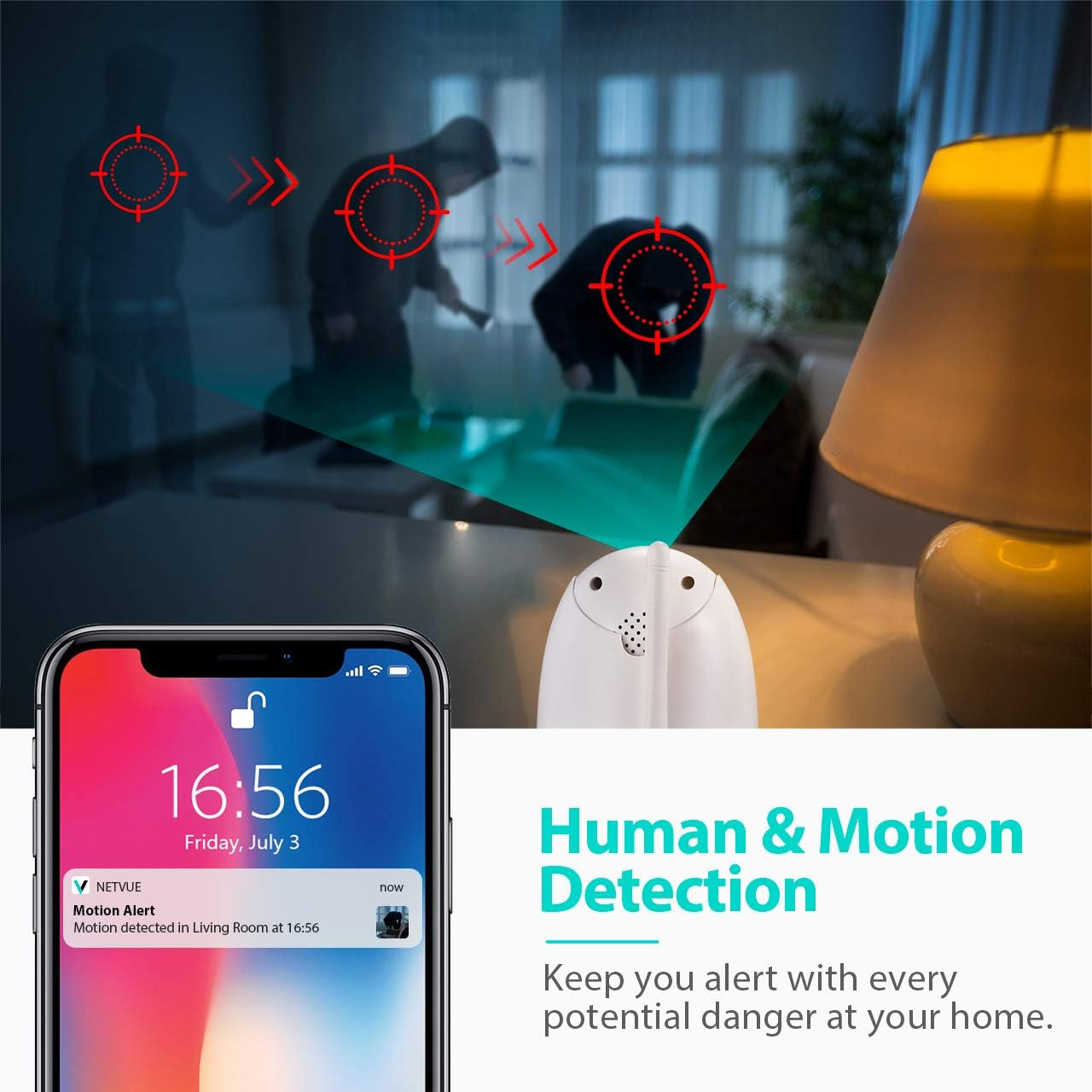 Indoor 1080P Full HD WiFi Security Camera with Two-Way Audio, Night Vision, AI Human Detection, and Cloud Storage - Perfect for Monitoring Pets and Infants, White