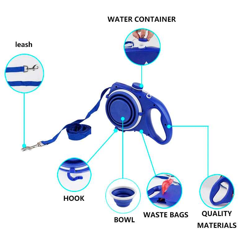 4-in-1 Retractable Nylon Dog Leash with Integrated Water Bottle and Bowl for Active Pet Walking and Running